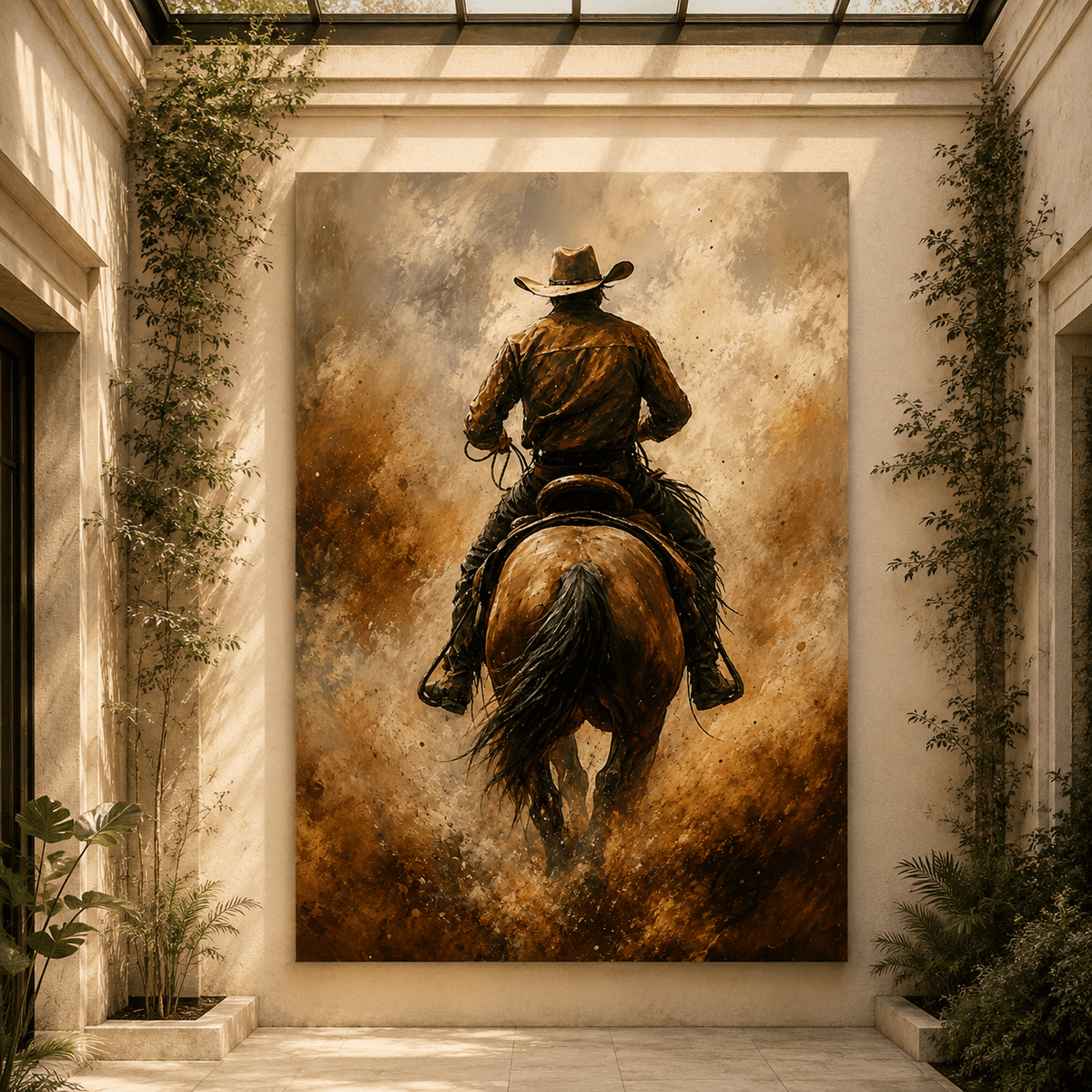 Lone Cowboy Riding Through Dust Wrapped Canvas Wall Art – Rustic Western Horse Painting - ART OF ROYALS