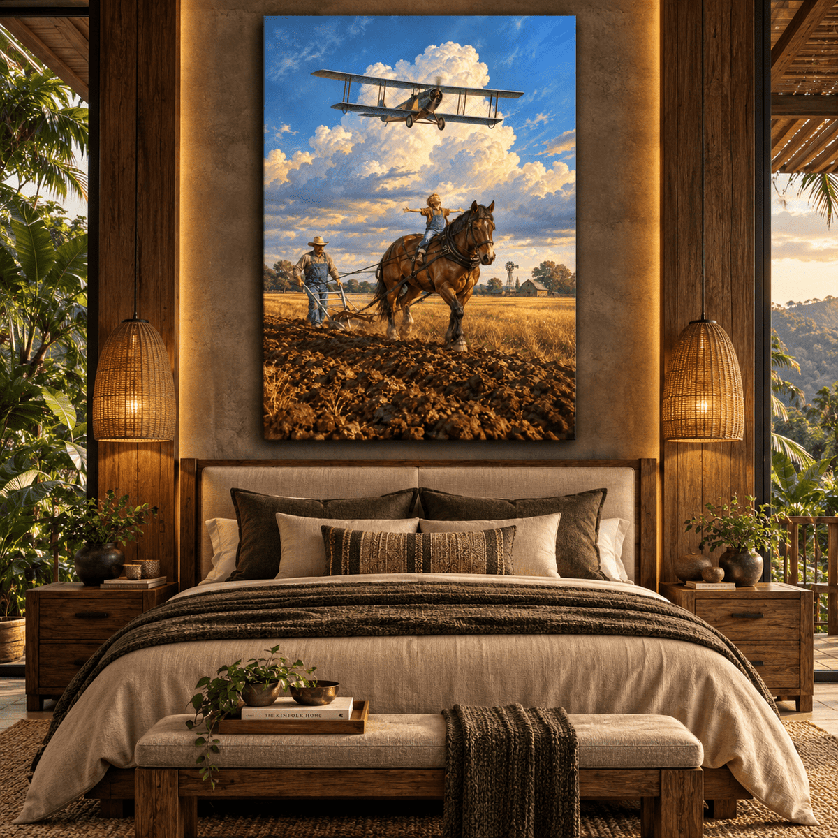 Horse-Drawn Plow & Vintage Biplane Wrapped Canvas Wall Art – Farm Heritage Aviation Print - ART OF ROYALS