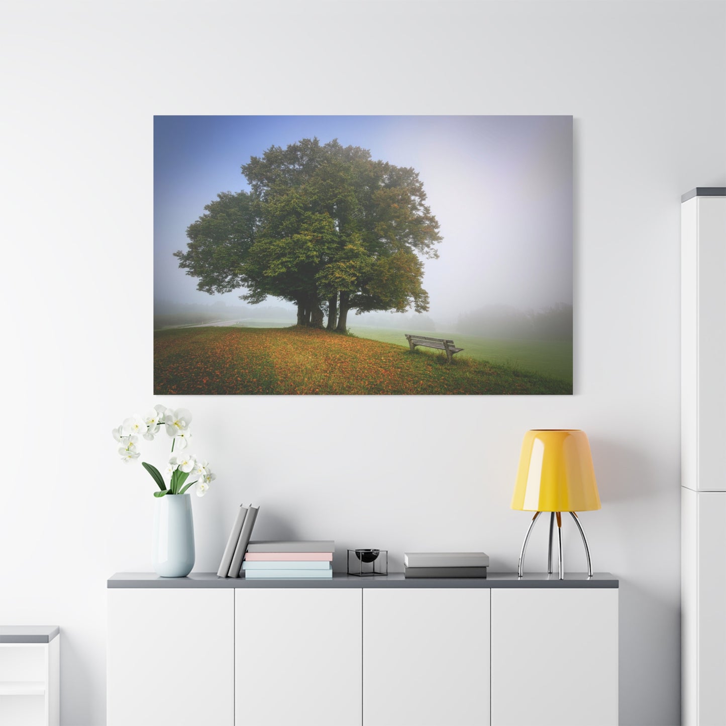 Serene Meadow Escape – A Bench Beneath the Lone Tree