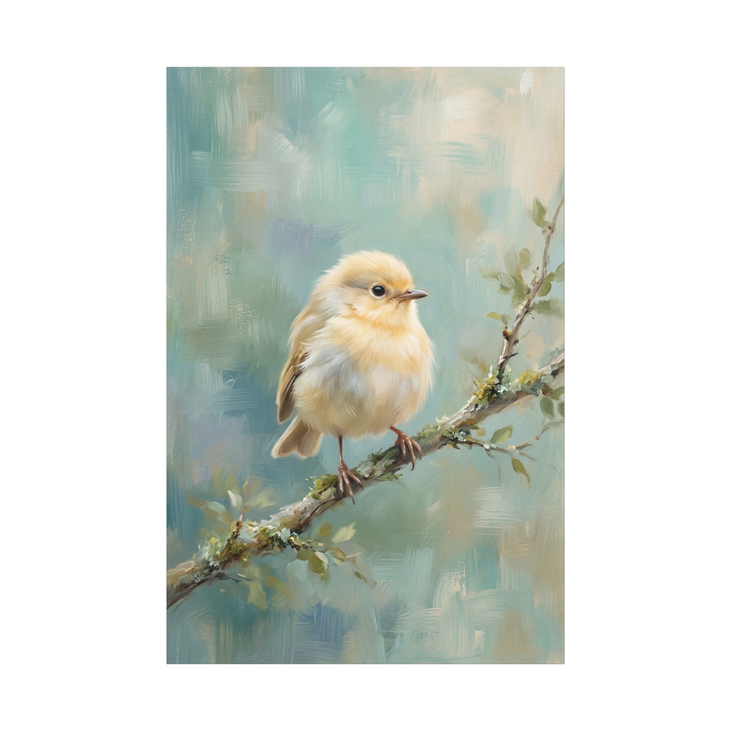 Soft Serenity – Fluffy Baby Bird on Branch Canvas Wall Art