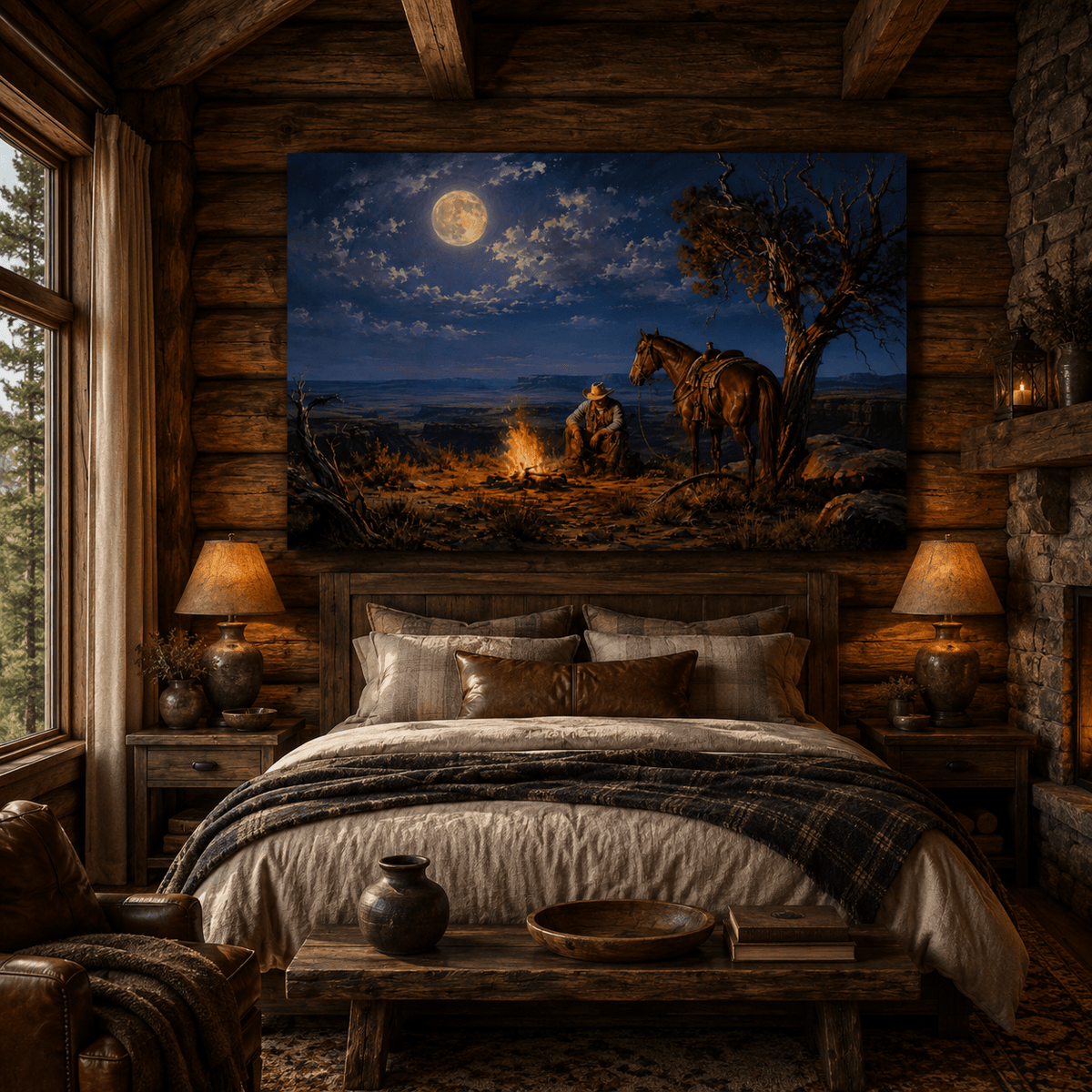 Cowboy and Horse by Campfire Under Full Moon Wrapped Canvas Wall Art – Western Night Landscape Print - ART OF ROYALS