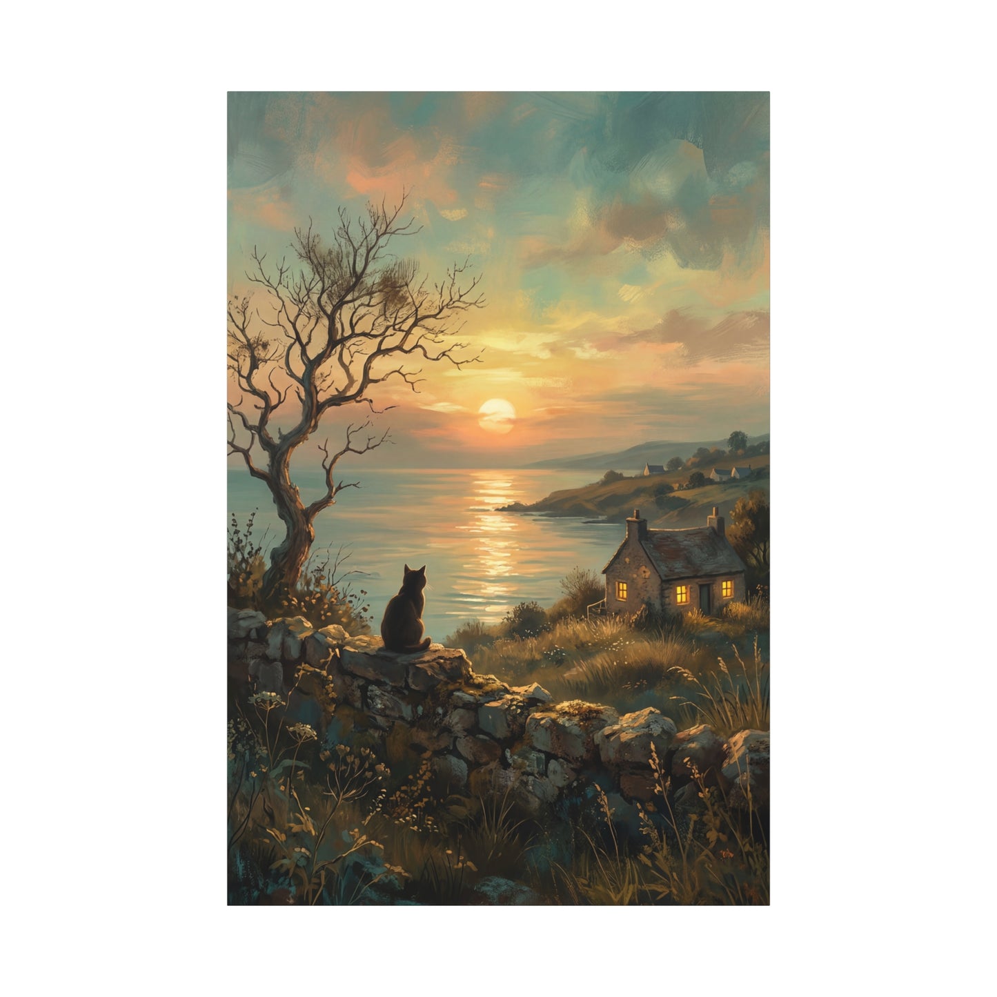 Sunset Solitude – Cat Overlooking a Coastal Haven