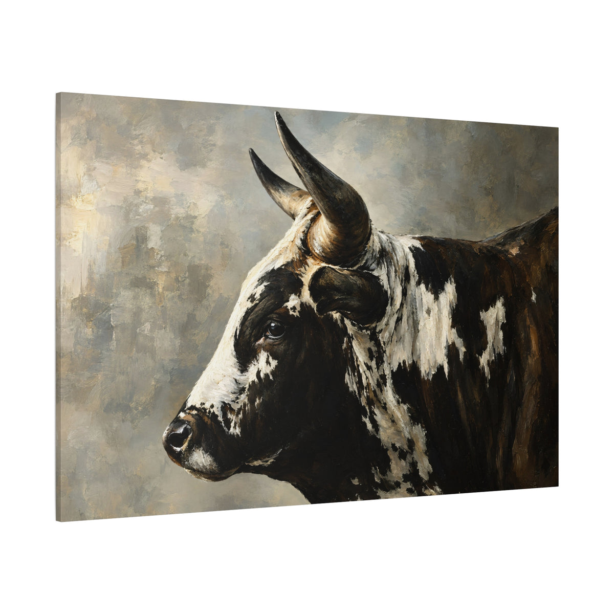 Black and White Bull Profile Wrapped Canvas Wall Art – Textured Oil Painting Print - ART OF ROYALS