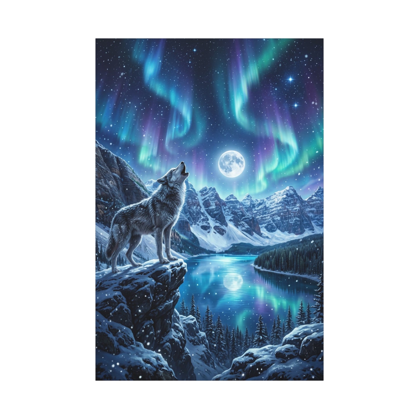 Majestic Wolf Under Northern Lights – Snowy Mountain Night Canvas Wall Art