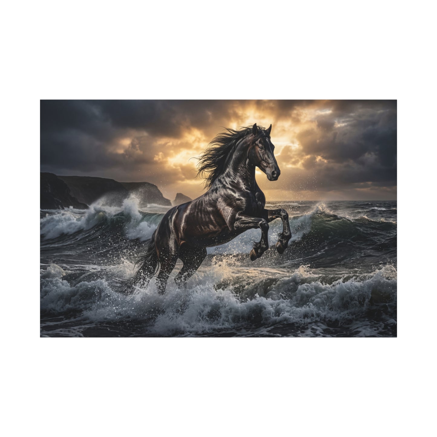 Black Stallion in Ocean Waves – Majestic Power Canvas Wall Art