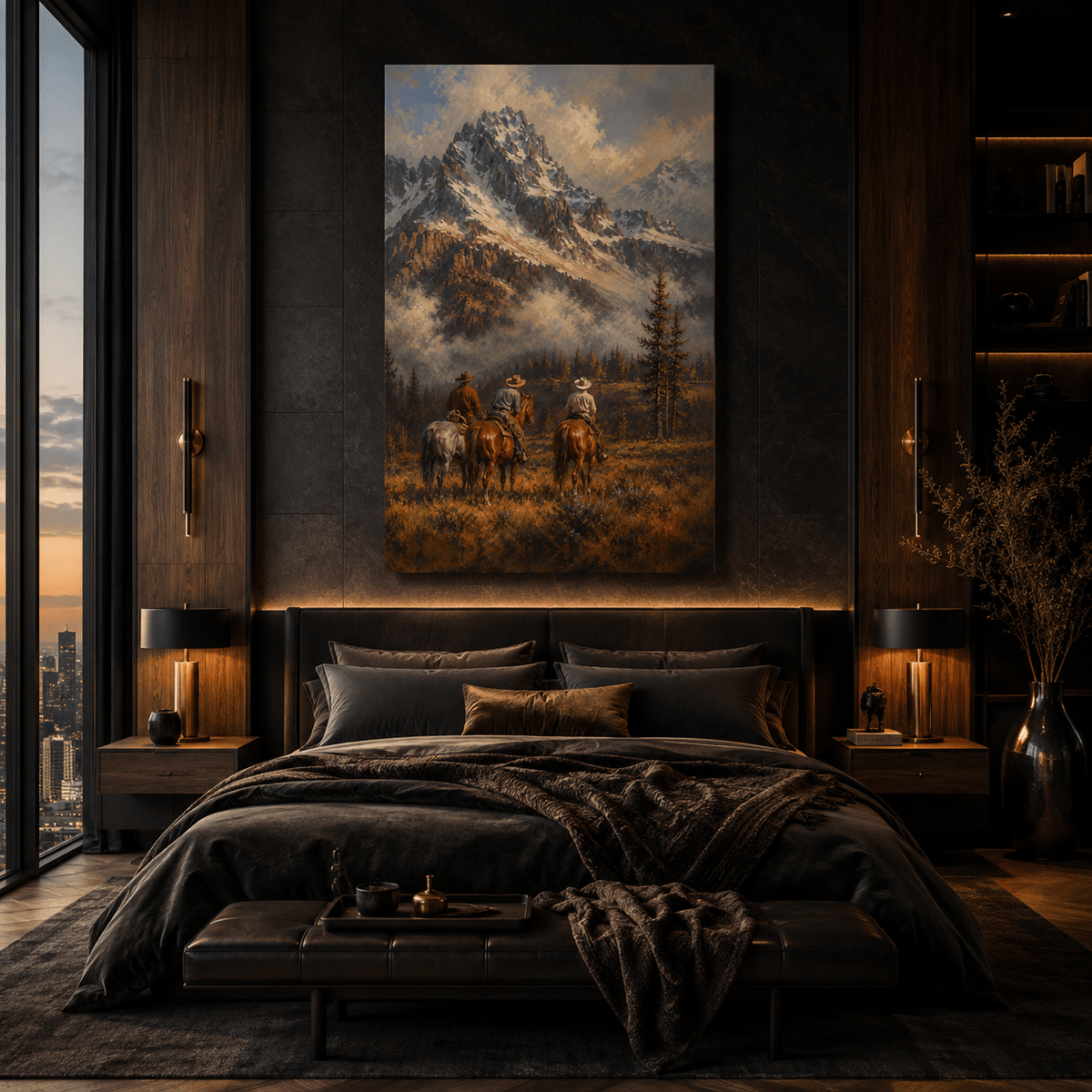 Three Cowboys Riding Toward Snow-Capped Mountains Wrapped Canvas Wall Art – Western Mountain Landscape Print - ART OF ROYALS