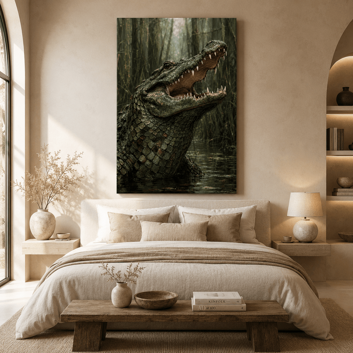 Alligator in Swamp Wrapped Canvas Wall Art – Open Mouth Crocodilian Wildlife Print - ART OF ROYALS
