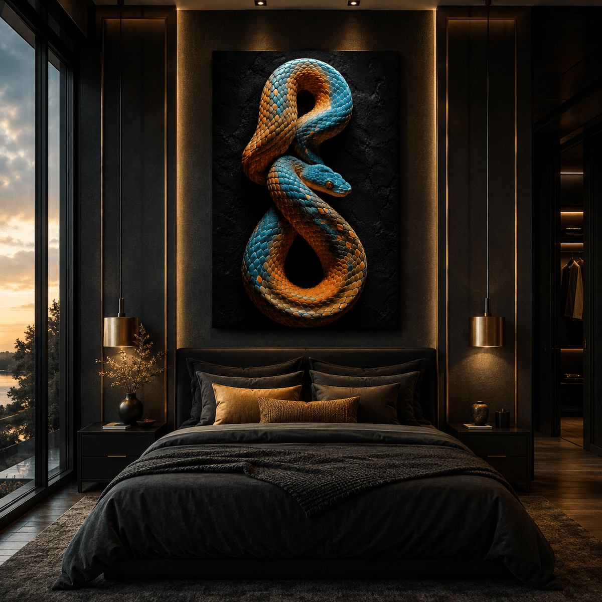 Turquoise and Orange Coiled Snake Wrapped Canvas Wall Art – Colorful Reptile Wildlife Print - ART OF ROYALS
