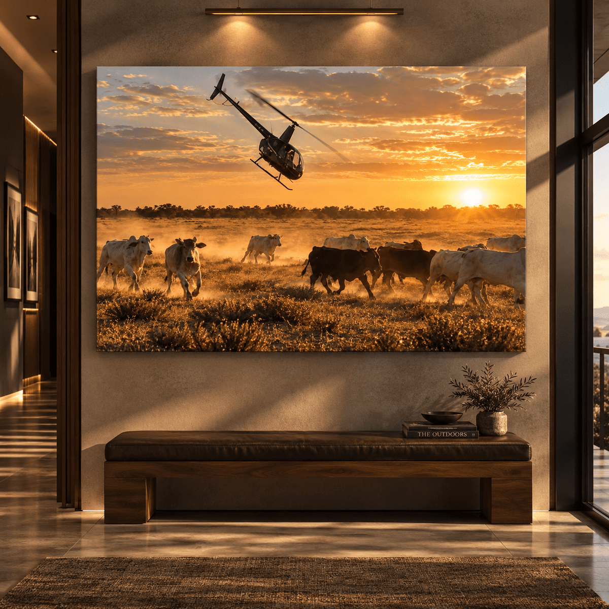 Cattle Mustering Helicopter Wrapped Canvas Wall Art – Sunset Ranch Herd Western Print - ART OF ROYALS