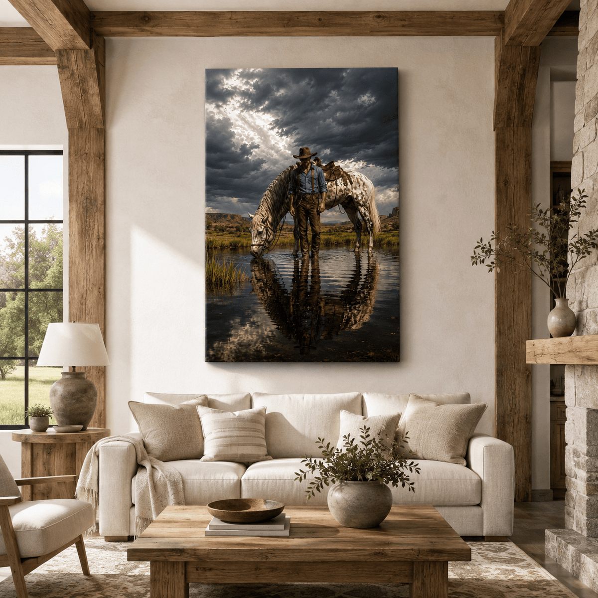 Cowboy and Appaloosa Horse Wrapped Canvas Wall Art – Stormy Western Ranch Landscape Print - ART OF ROYALS
