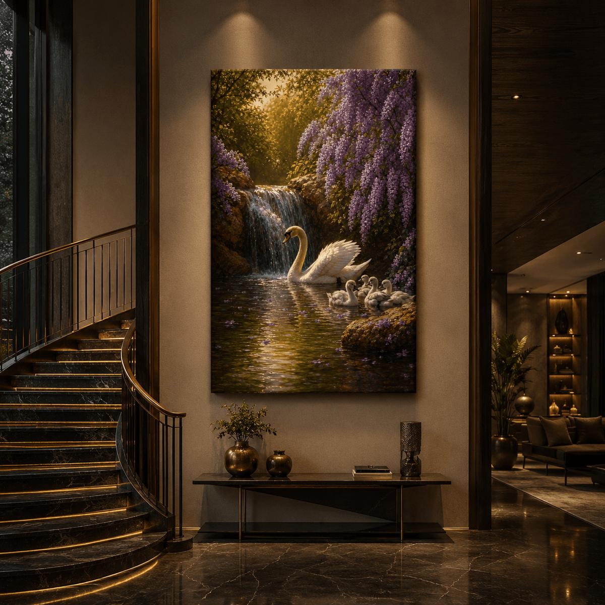 White Swan Family Waterfall Wrapped Canvas Wall Art – Purple Wisteria Pond Nature Print - ART OF ROYALS