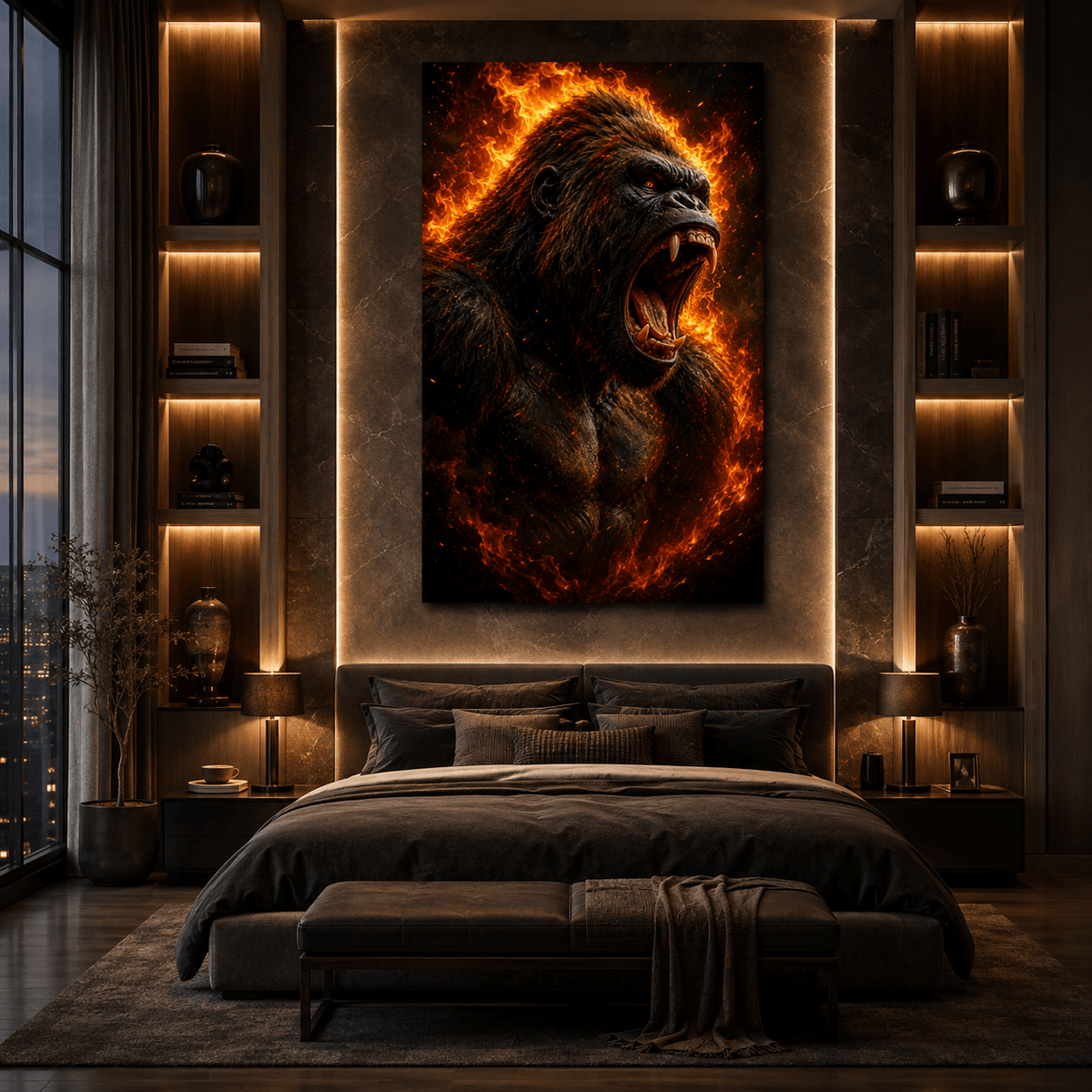 Roaring Gorilla in Flames Wrapped Canvas Wall Art – Fiery Primate Wildlife Portrait Print - ART OF ROYALS