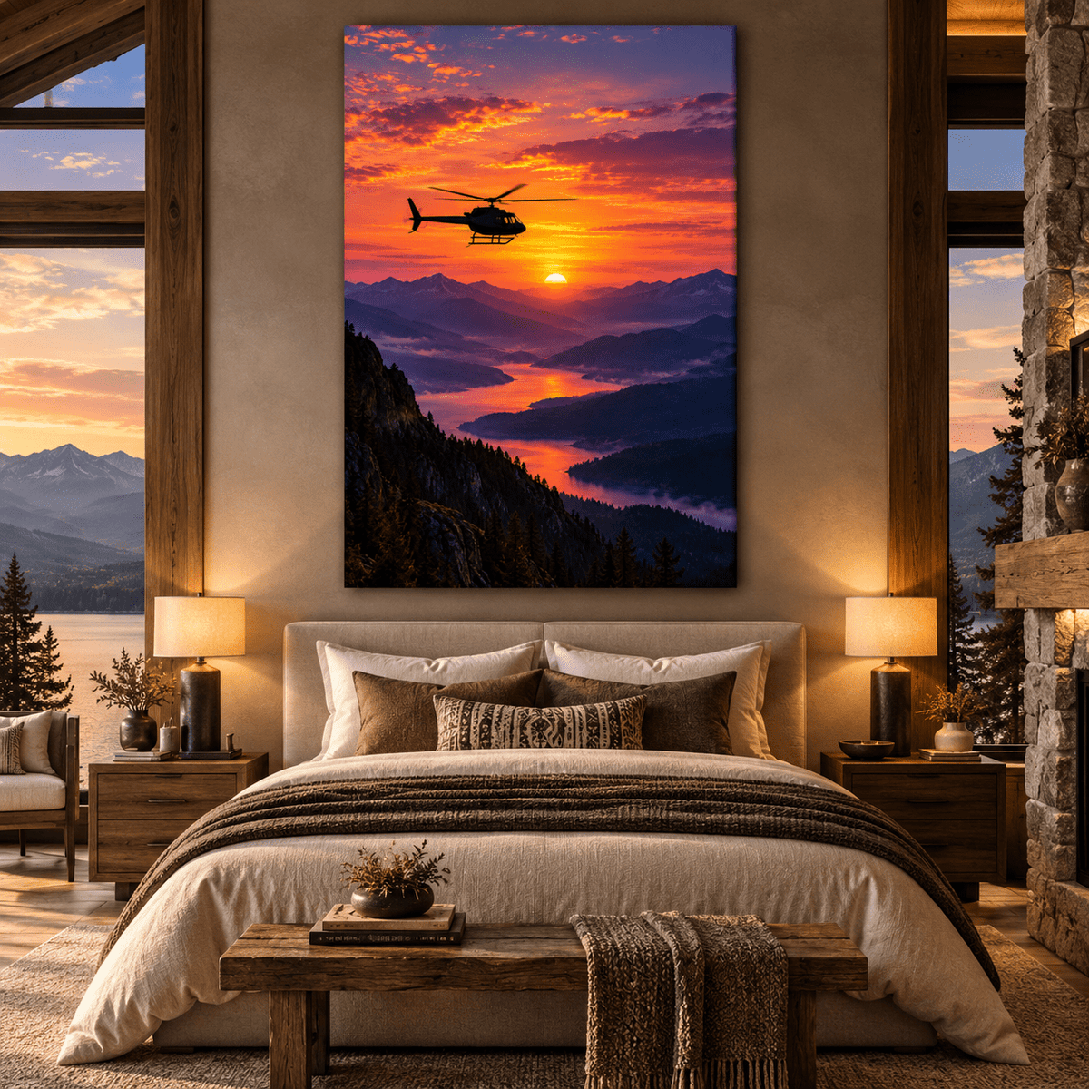 Helicopter Over Mountain Lake at Sunset Wrapped Canvas Wall Art – Dramatic Aviation Landscape Print - ART OF ROYALS