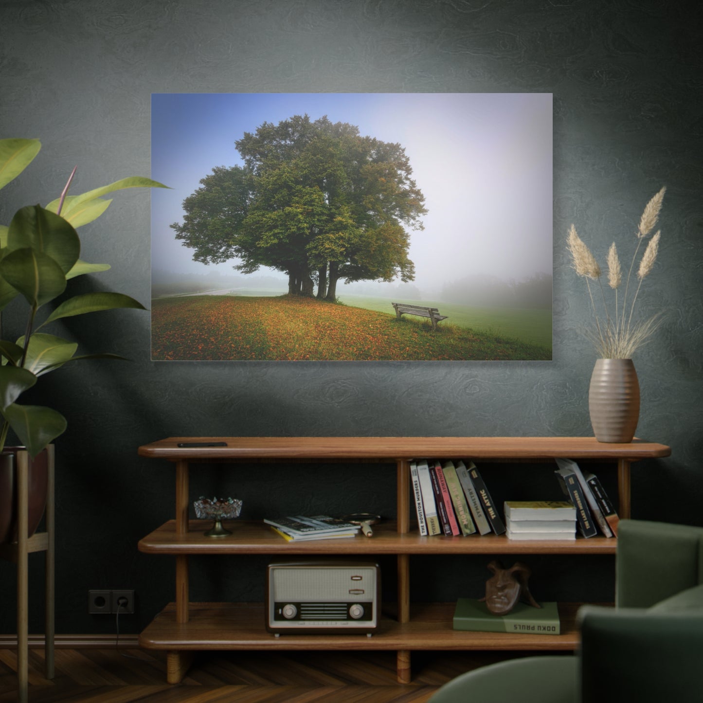 Serene Meadow Escape – A Bench Beneath the Lone Tree