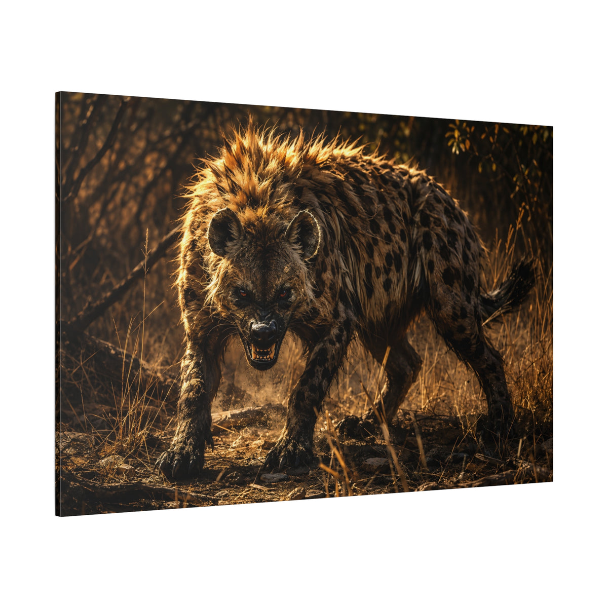 Snarling Hyena in Golden Light Wrapped Canvas Wall Art – Fierce African Wildlife Print - ART OF ROYALS