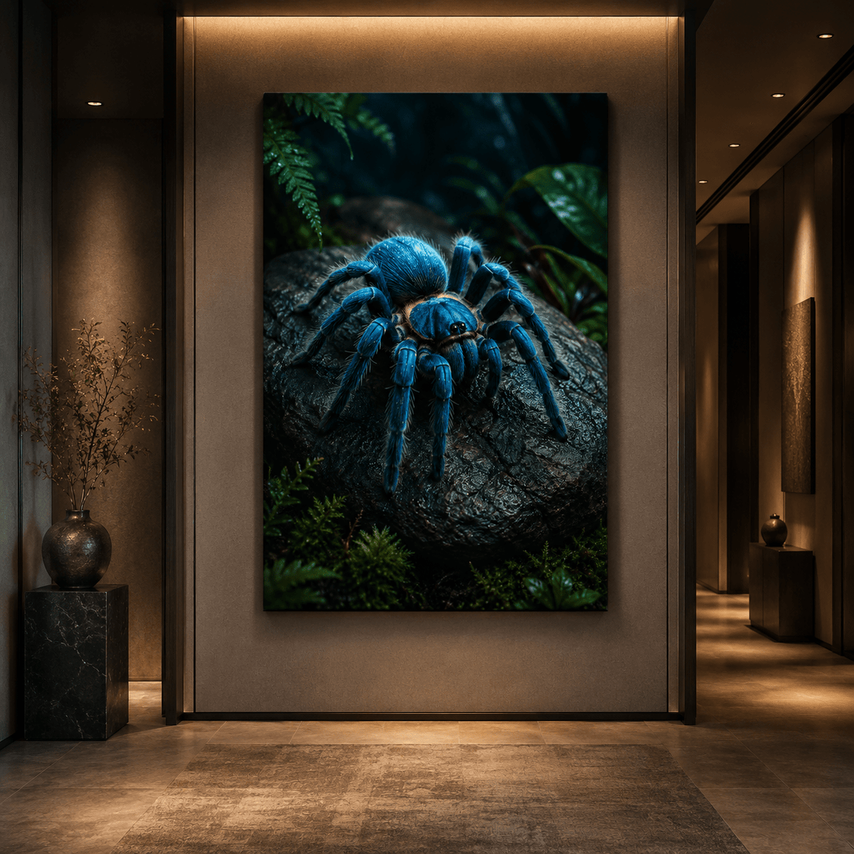 Blue Tarantula on Rainforest Log Wrapped Canvas Wall Art – Exotic Spider Nature Print - ART OF ROYALS