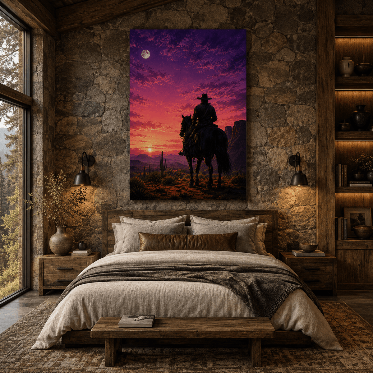 Cowboy Riding Horse at Purple Sunset Wrapped Canvas Wall Art – Western Desert Moon Landscape Print - ART OF ROYALS