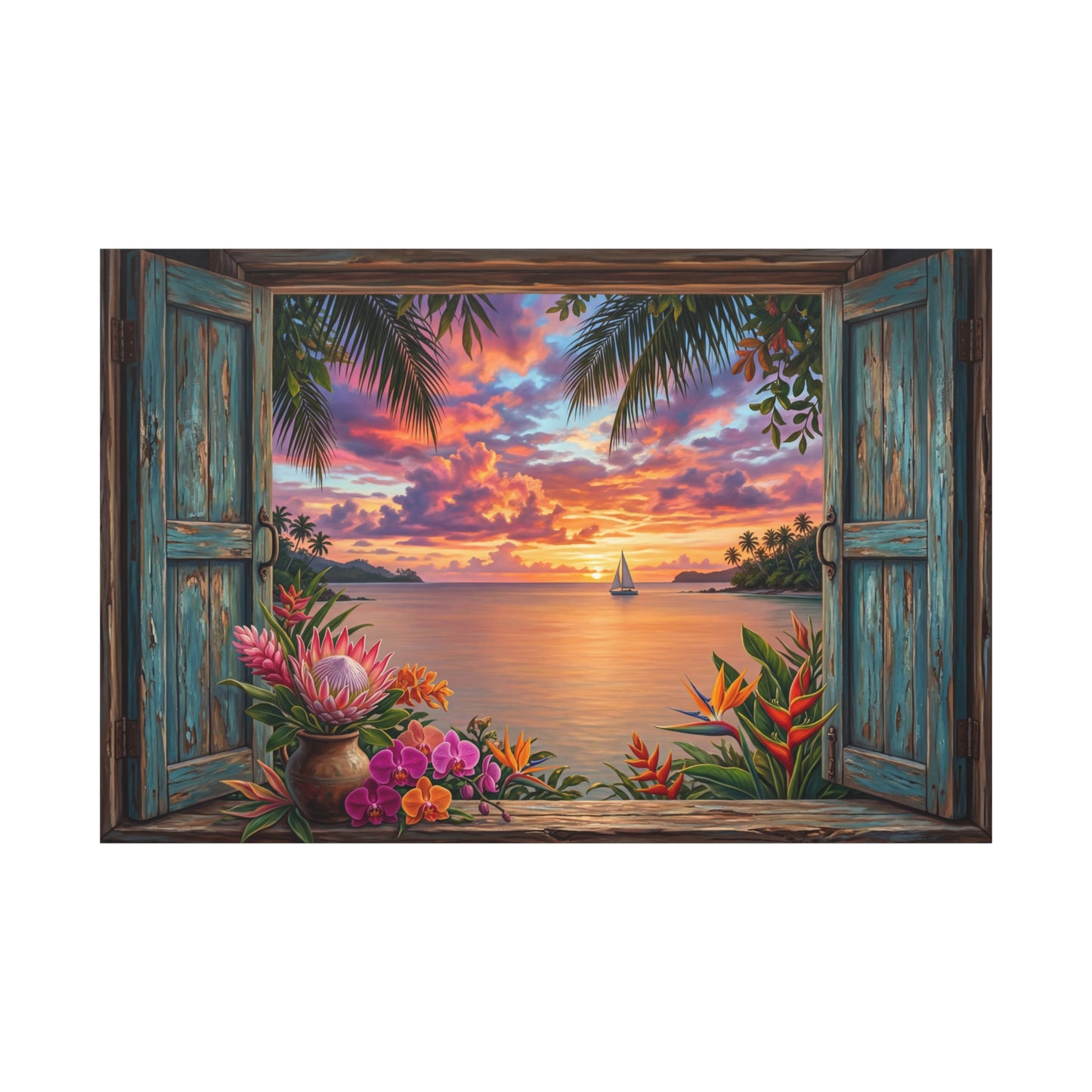 Tropical Sunset Through Rustic Window – Ocean Paradise Canvas Wall Art