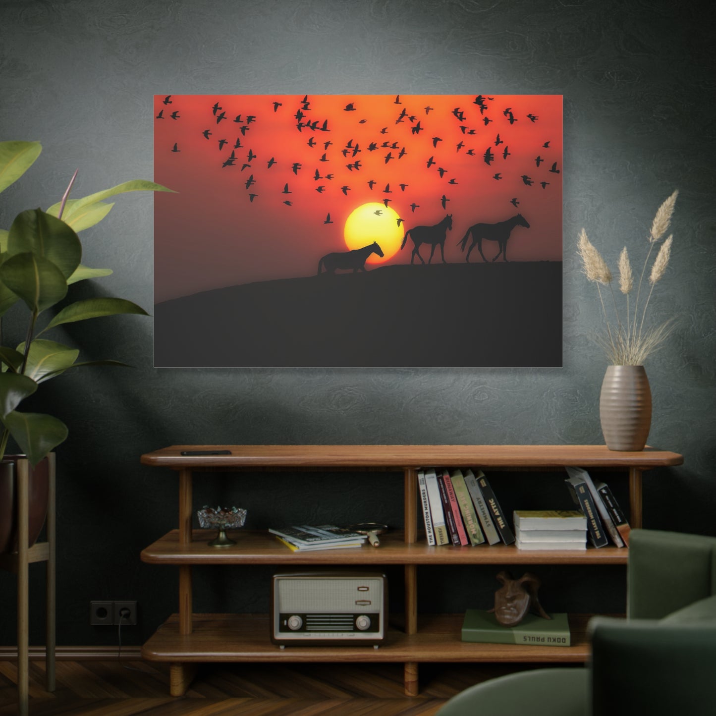 Sunset Silhouette Horses Canvas Wall Art – Peaceful Nature Scene