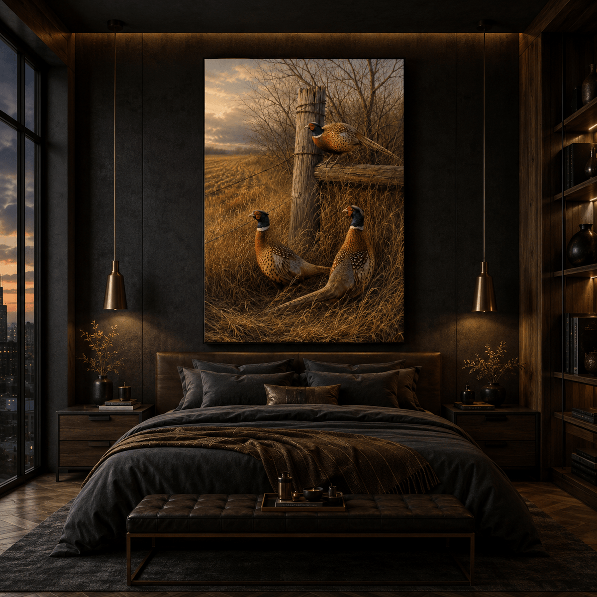 Three Pheasants by Rustic Fence Wrapped Canvas Wall Art – Country Game Bird Wildlife Print - ART OF ROYALS