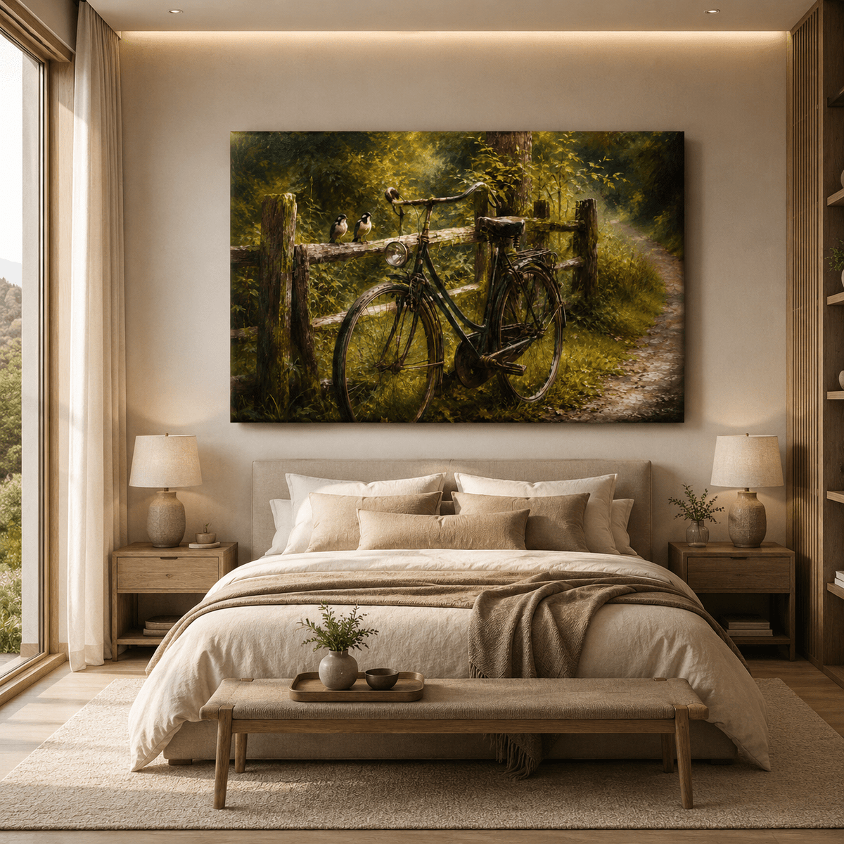 Vintage Bicycle on Country Path Wrapped Canvas Wall Art – Rustic Autumn Forest Oil Painting Print - ART OF ROYALS