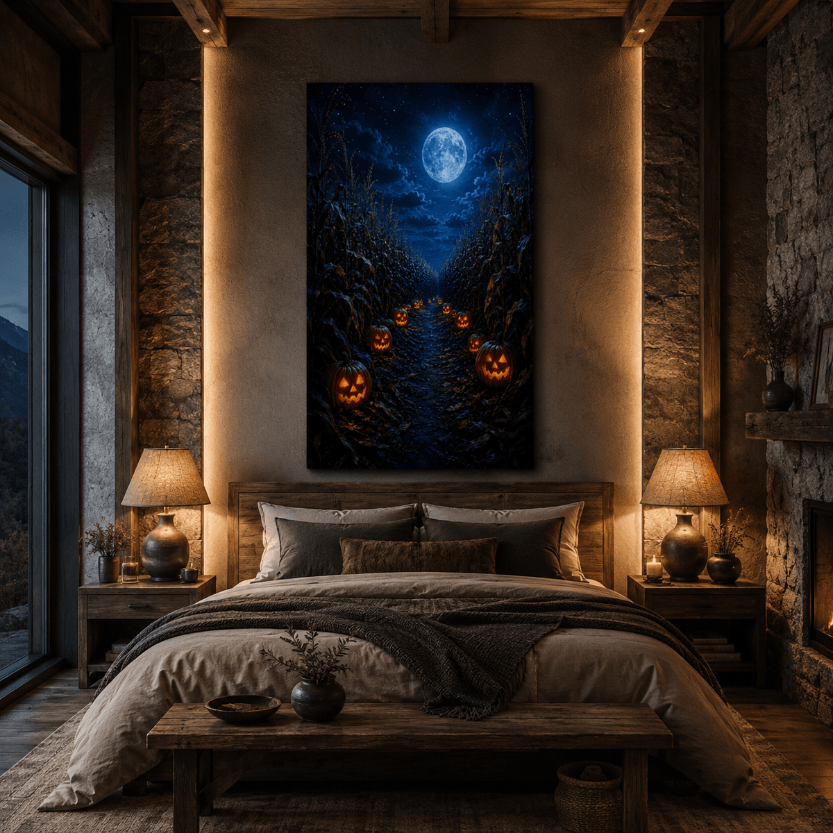 Moonlit Pumpkin Cornfield Wrapped Canvas Wall Art – Halloween Jack-O’-Lantern Farm Path Print - ART OF ROYALS