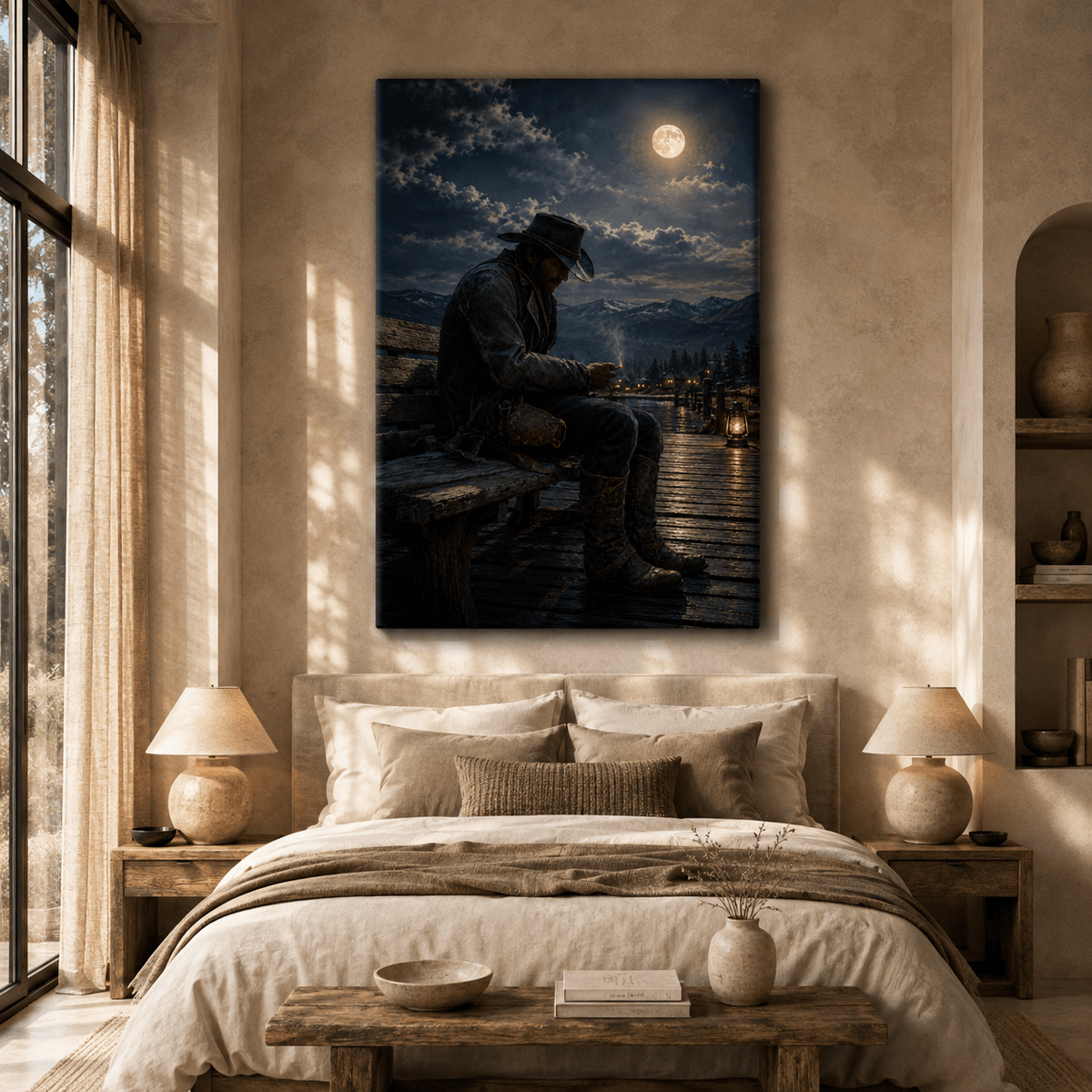 Lonely Cowboy Under Full Moon Wrapped Canvas Wall Art – Western Mountain Night Ranch Print - ART OF ROYALS