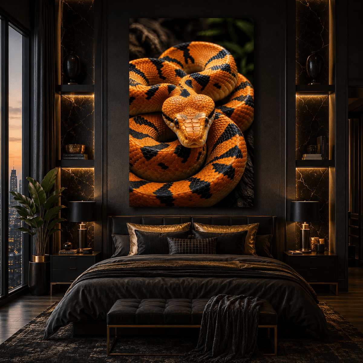 Orange & Black Snake Wrapped Canvas Wall Art – Coiled Reptile Wildlife Portrait Print - ART OF ROYALS