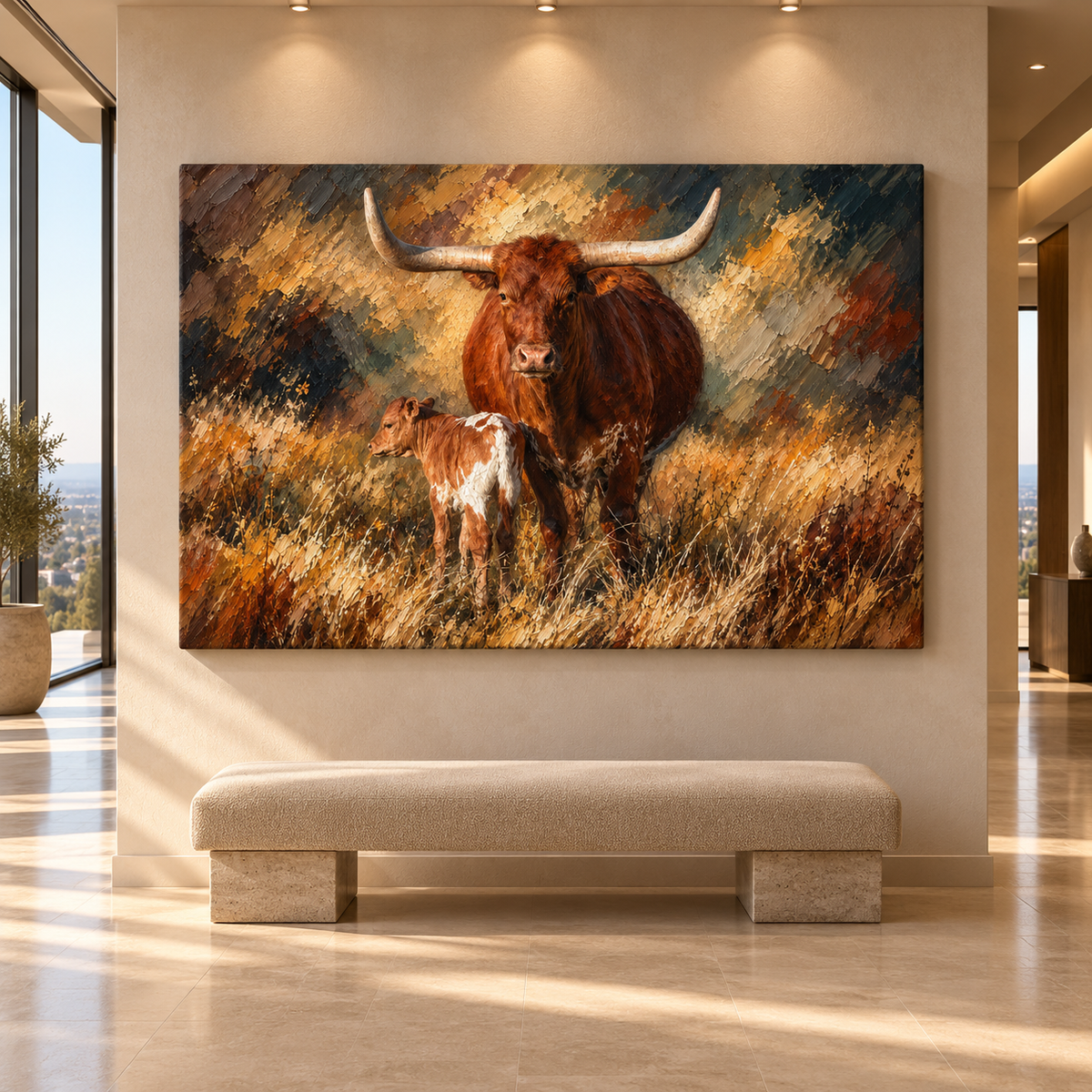 Texas Longhorn Cow and Calf Impasto Palette Knife Wrapped Canvas Wall Art – Mother Cow Ranch Print