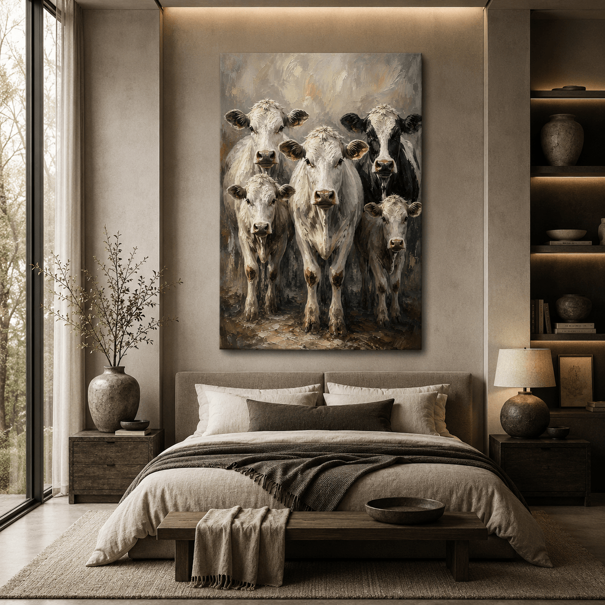 Five White Cows Wrapped Canvas Wall Art – Rustic Farmhouse Cattle Herd Painting Print - ART OF ROYALS