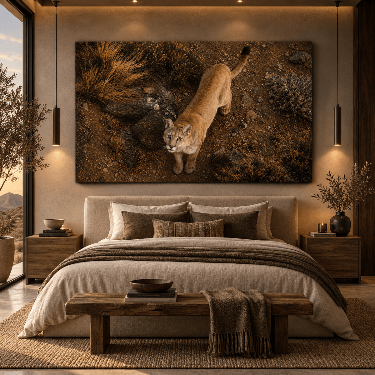 Mountain Lion Looking Up Wrapped Canvas Wall Art – Overhead Cougar Wildlife Landscape Print - ART OF ROYALS
