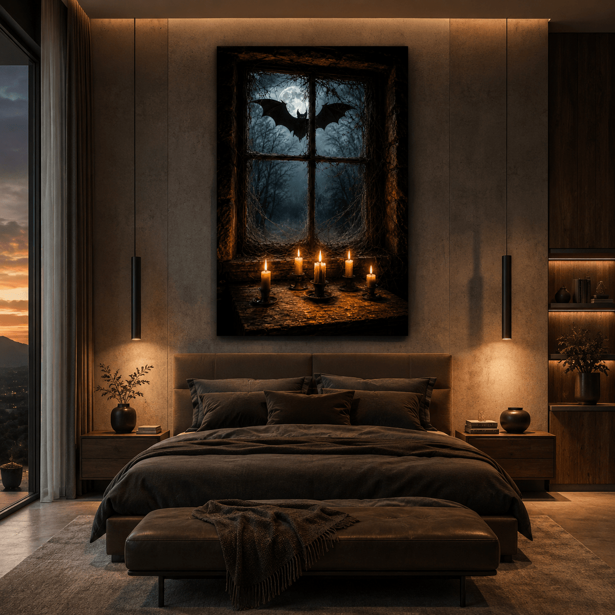 Gothic Bat at Moonlit Window Wrapped Canvas Wall Art – Dark Halloween Candlelight Print - ART OF ROYALS