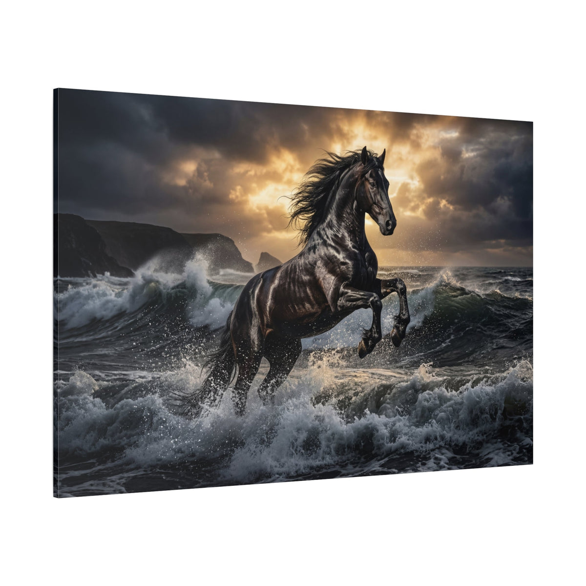 Black Stallion in Ocean Waves Canvas Wall Art – Majestic Horse Power & Dramatic Seascape Painting - ART OF ROYALS