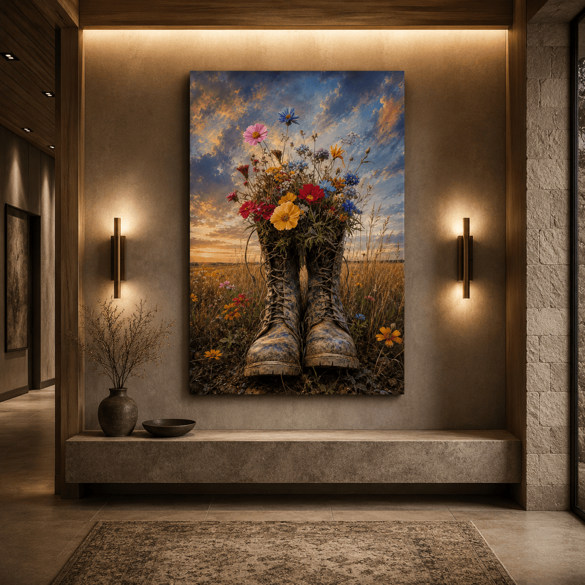 Wildflower-Filled Cowboy Boots Wrapped Canvas Wall Art – Rustic Western Floral Country Print - ART OF ROYALS