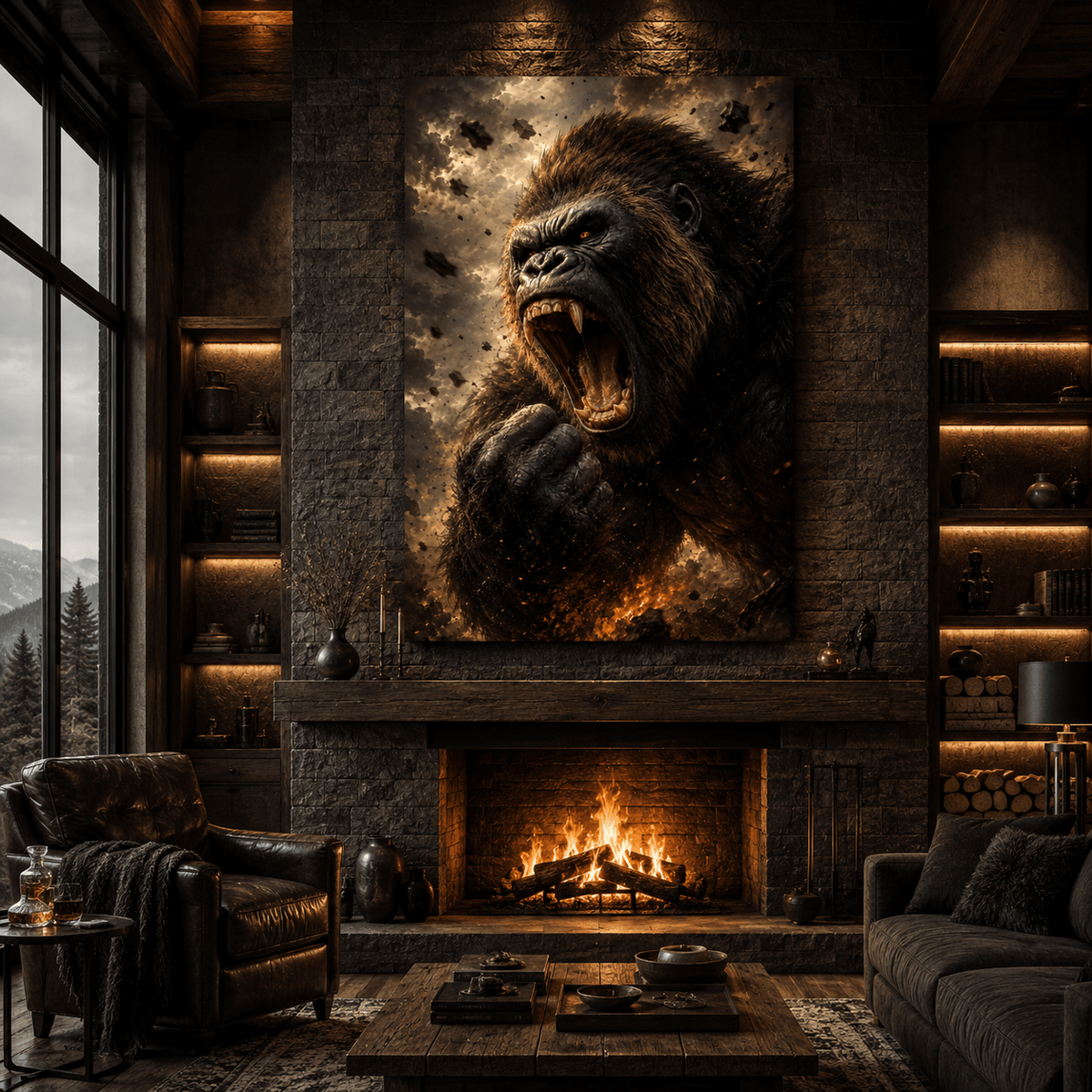 Roaring Gorilla Breaking Through Debris Wrapped Canvas Wall Art – Powerful Primate Wildlife Portrait - ART OF ROYALS