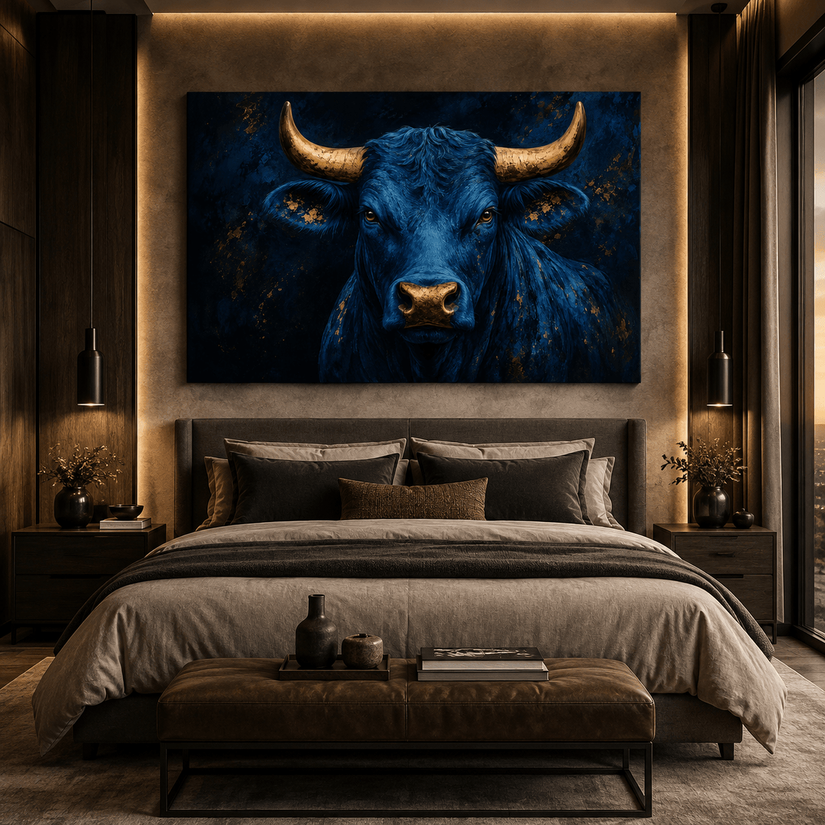 Royal Blue Bull with Gold Horns Wrapped Canvas Wall Art – Luxury Western Cattle Print - ART OF ROYALS