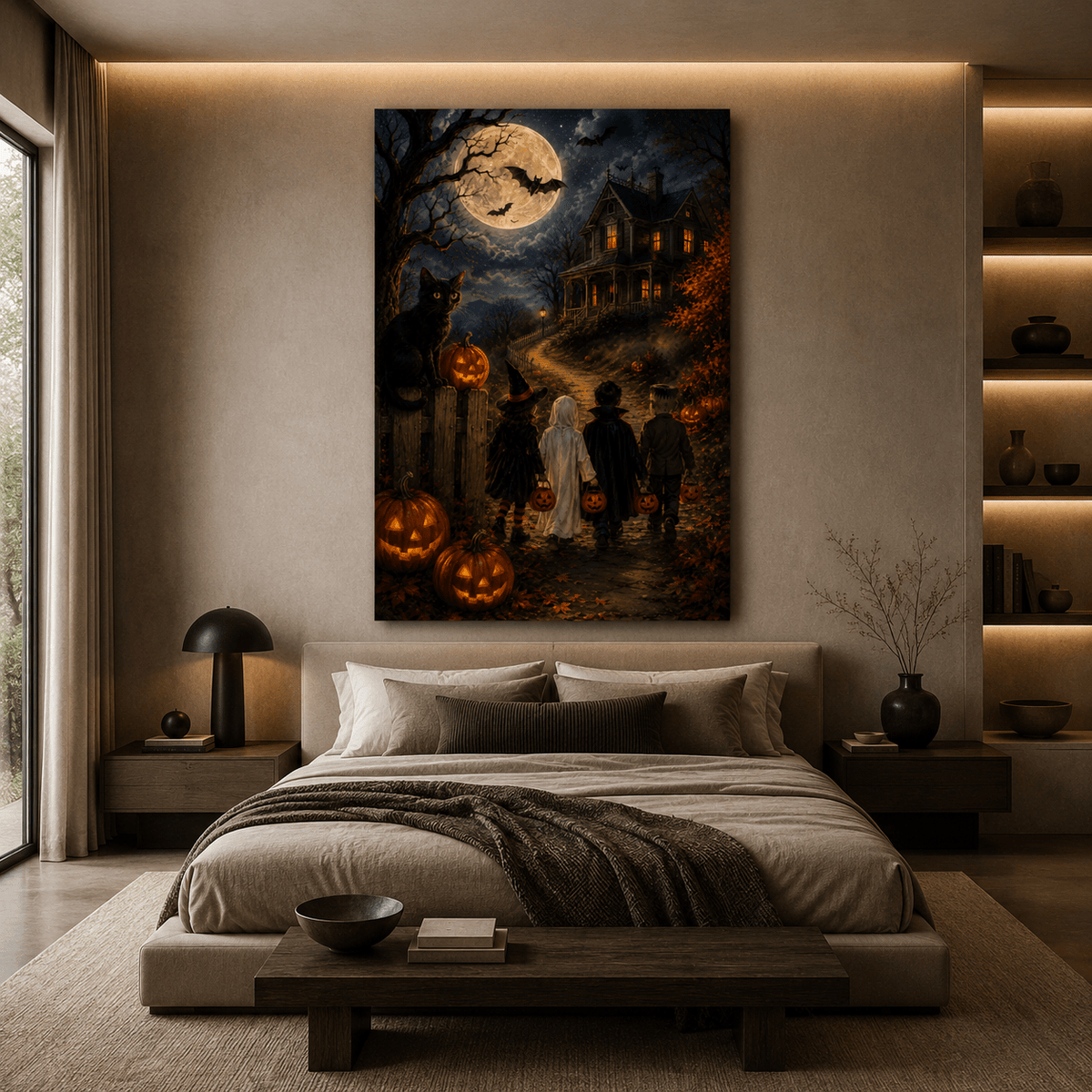 Trick-or-Treaters Walking to a Haunted House Wrapped Canvas Wall Art – Vintage Halloween Night Print - ART OF ROYALS