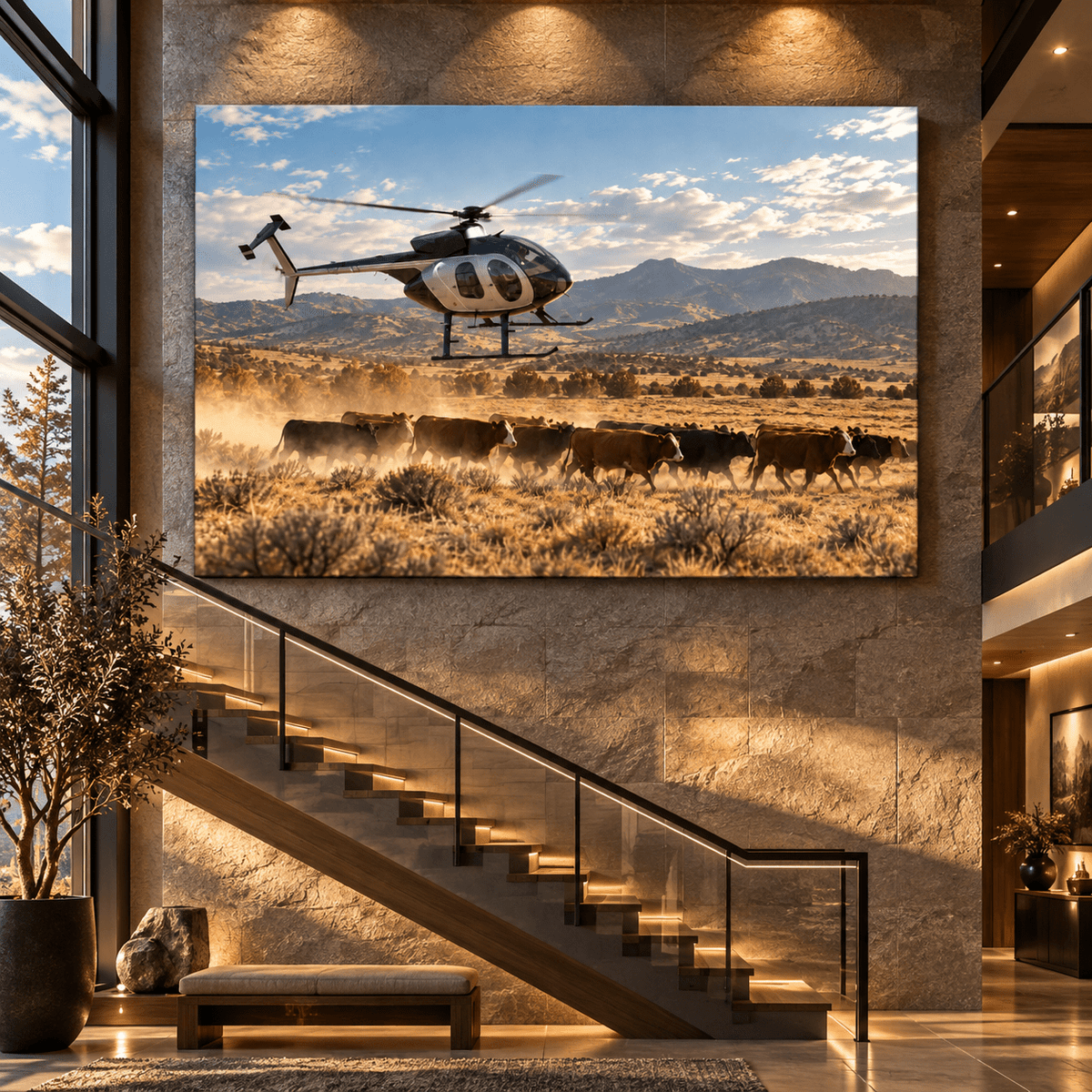 Helicopter Herding Cattle Across Mountain Ranch Wrapped Canvas Wall Art – Western Cattle Mustering Print - ART OF ROYALS