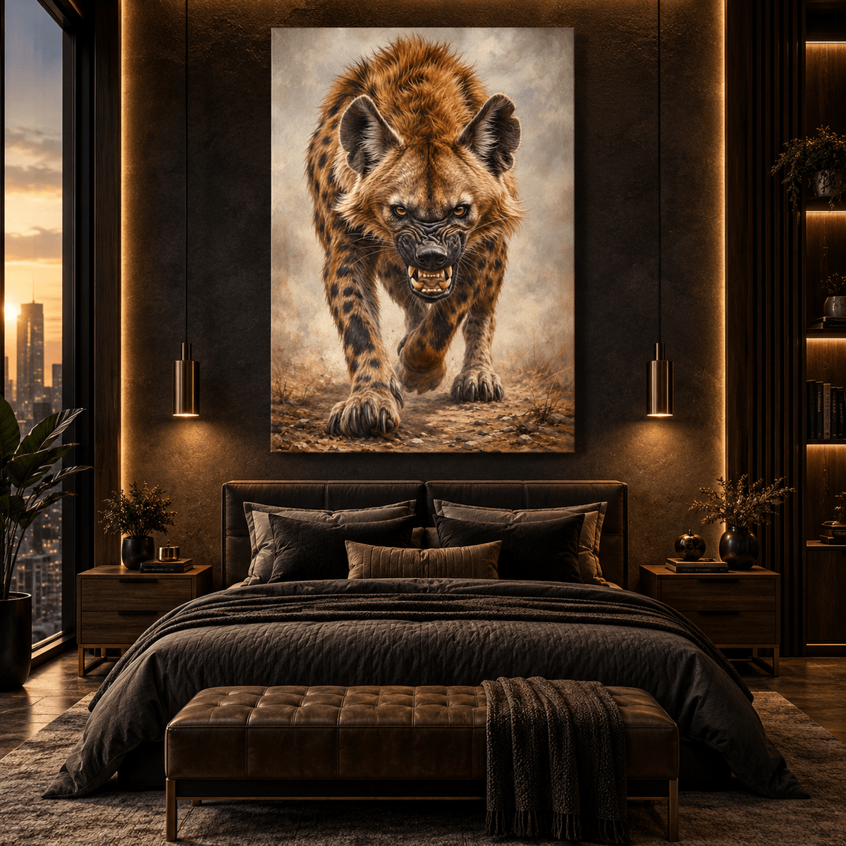 Charging Spotted Hyena Wrapped Canvas Wall Art – Fierce African Wildlife Portrait Print - ART OF ROYALS