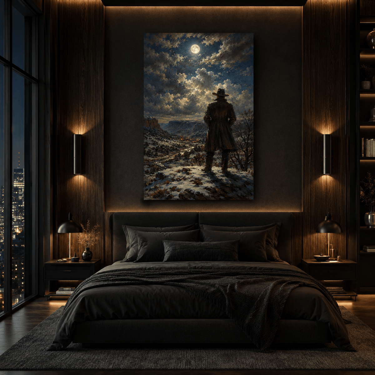 Lone Cowboy Overlooking Snowy Canyon Under Full Moon Wrapped Canvas Wall Art – Western Winter Landscape Print - ART OF ROYALS