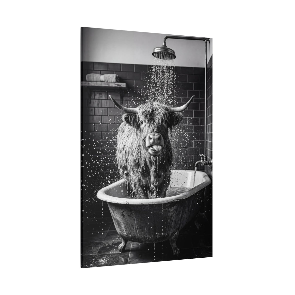 Funny Highland Cow Bathroom Canvas Wall Art – Black and White Farmhouse Shower Decor - ART OF ROYALS