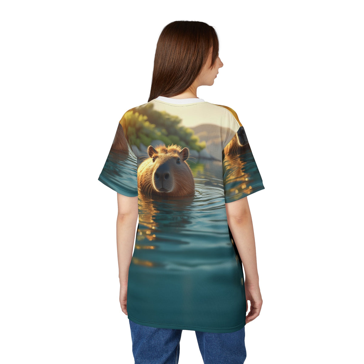 Golden Hour Serenity: Capybara Floating in Water - ART OF ROYALS