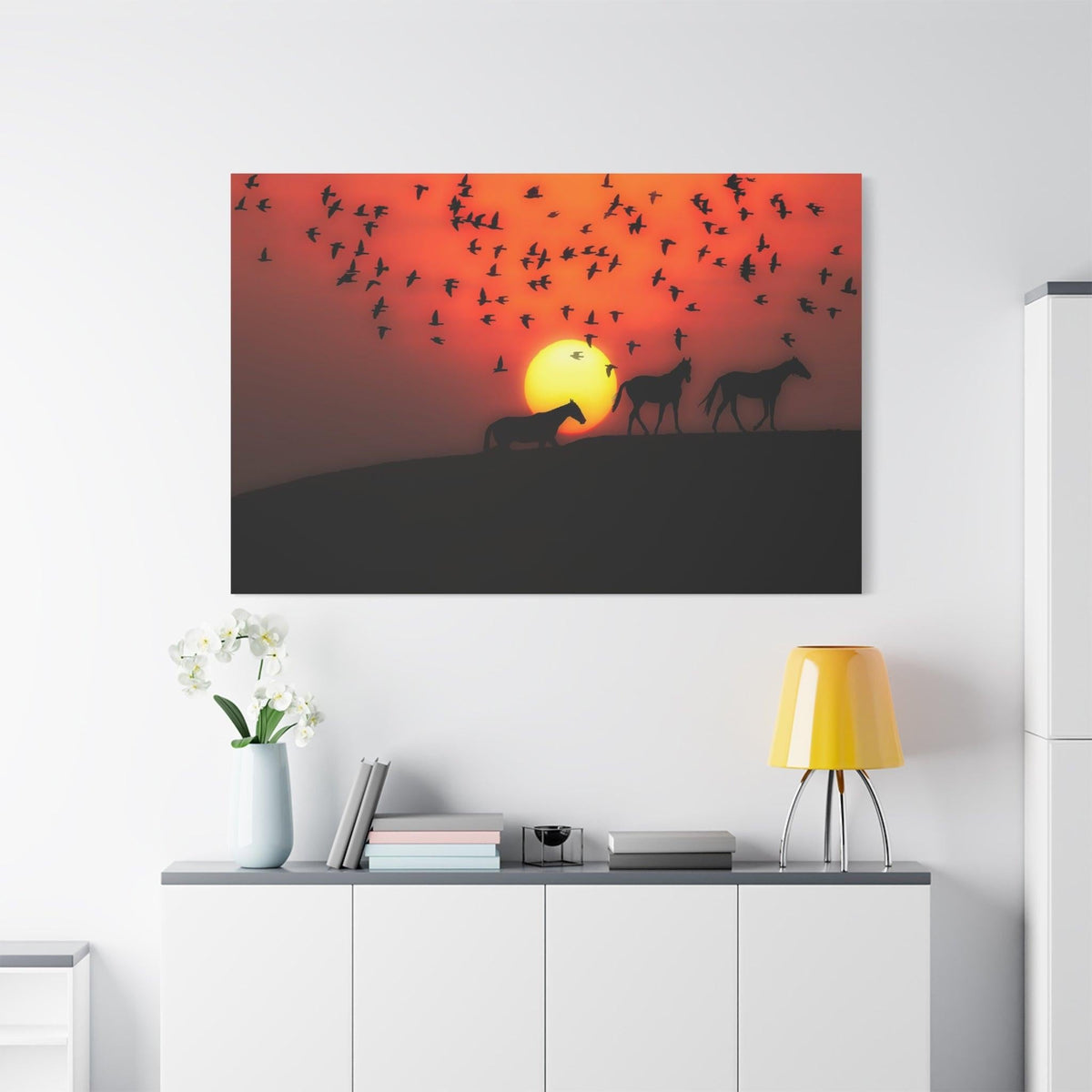 Sunset Silhouette Horses Canvas Wall Art – Peaceful Nature Scene - ART OF ROYALS
