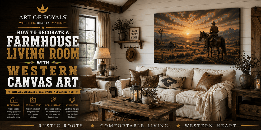 How to Decorate a Farmhouse Living Room with Western Canvas Art - ART OF ROYALS