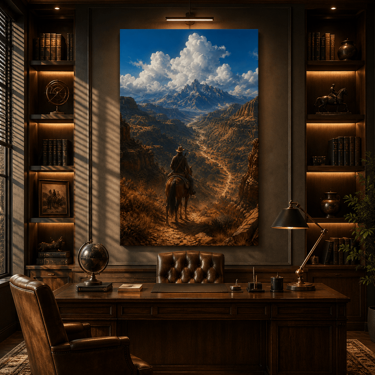 Cowboy Riding Through Grand Western Canyon Wrapped Canvas Wall Art – Mountain Trail Landscape Print - ART OF ROYALS