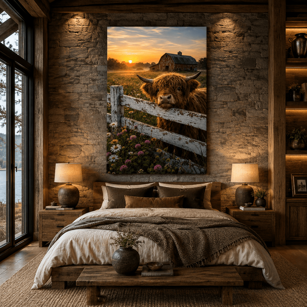 Highland Cow at Sunset Wrapped Canvas Wall Art – Rustic Farmhouse Cattle & Red Barn Print - ART OF ROYALS