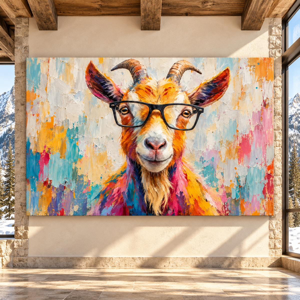 Funny Goat With Glasses Wrapped Canvas Wall Art – Colorful Farm Animal Portrait