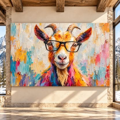 Funny Goat With Glasses Wrapped Canvas Wall Art – Colorful Farm Animal Portrait