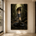 Black Cobra Snake Wrapped Canvas Wall Art – Hooded Serpent in Dark Jungle Print