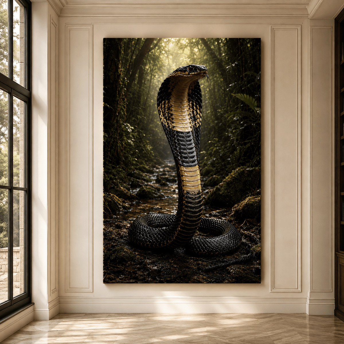 Black Cobra Snake Wrapped Canvas Wall Art – Hooded Serpent in Dark Jungle Print - ART OF ROYALS